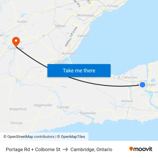 Portage Rd + Colborne St to Cambridge, Ontario map