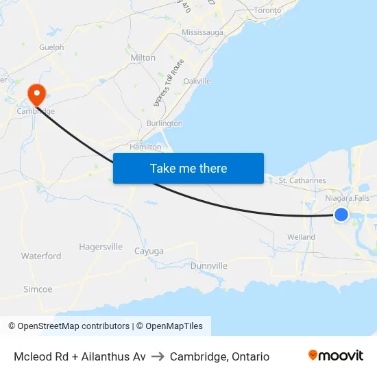 Mcleod Rd + Ailanthus Av to Cambridge, Ontario map