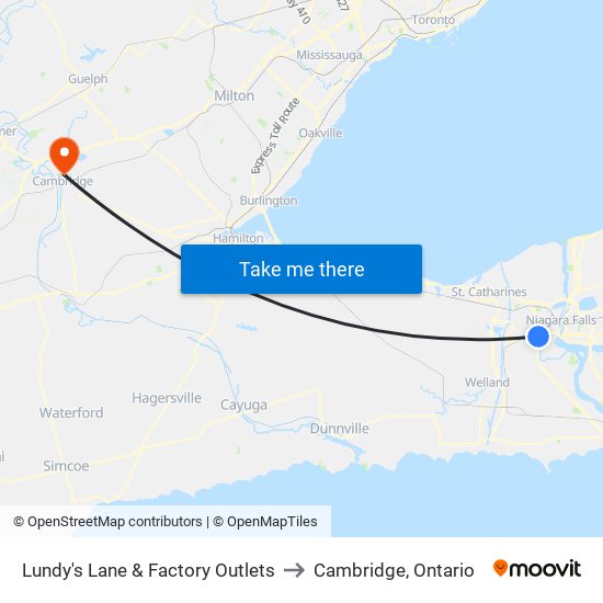 Lundy's Lane & Factory Outlets to Cambridge, Ontario map