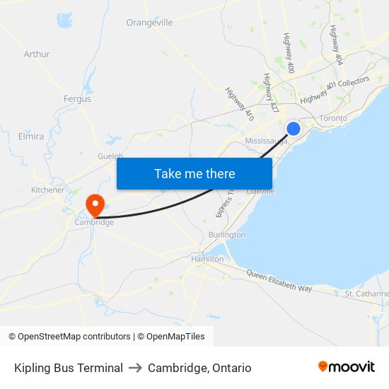 Kipling Bus Terminal to Cambridge, Ontario map