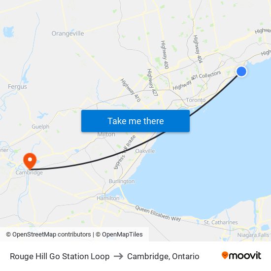 Rouge Hill Go Station Loop to Cambridge, Ontario map