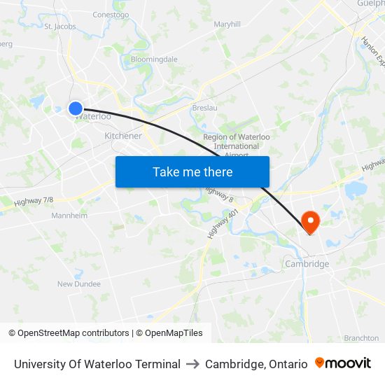 University Of Waterloo Terminal to Cambridge, Ontario map