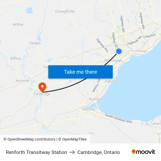 Renforth Transitway Station to Cambridge, Ontario map