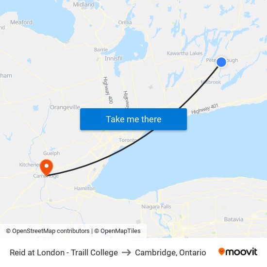 Reid at London - Traill College to Cambridge, Ontario map