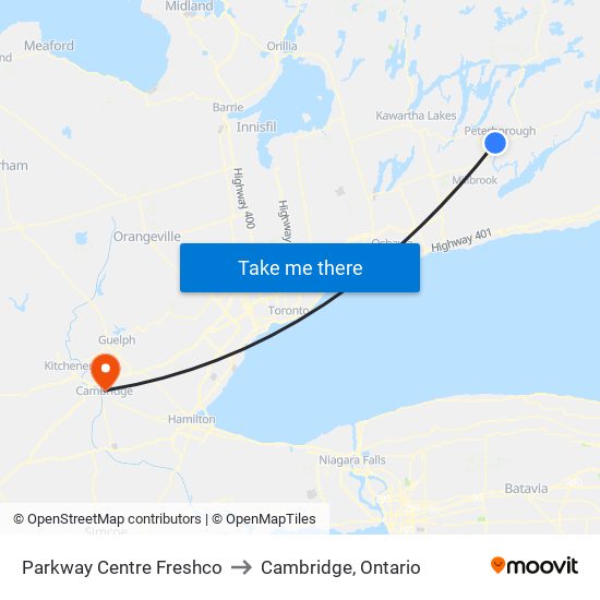 Parkway Centre Freshco to Cambridge, Ontario map