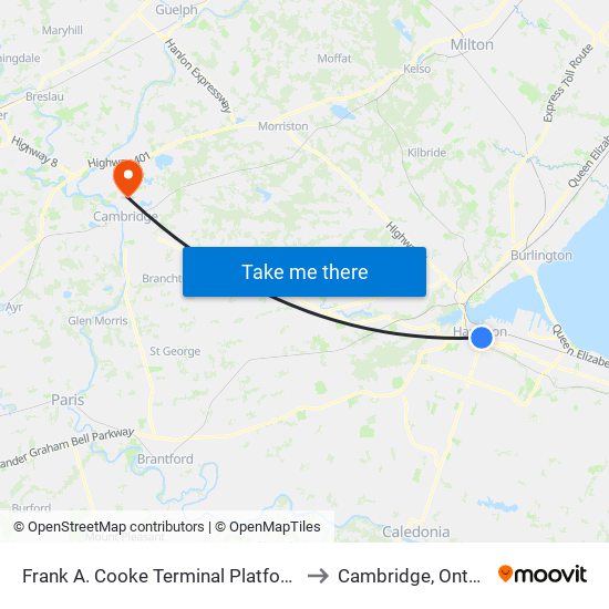 Frank A. Cooke Terminal Platform 4 to Cambridge, Ontario map