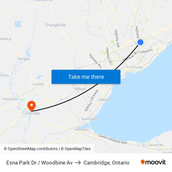 Esna Park Dr / Woodbine Av to Cambridge, Ontario map