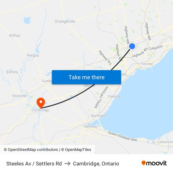 Steeles Av / Settlers Rd to Cambridge, Ontario map