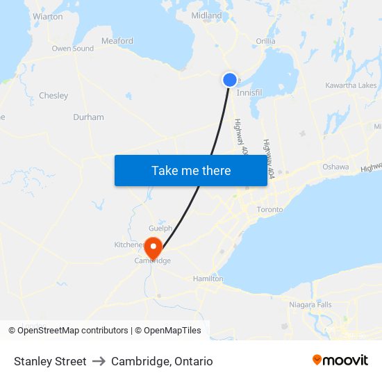 Stanley Street to Cambridge, Ontario map