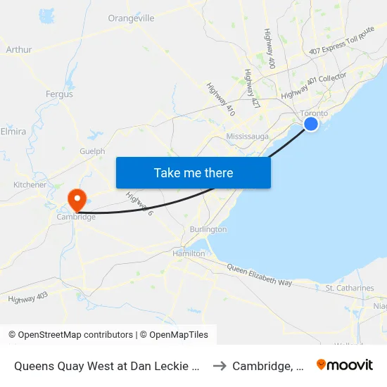 Queens Quay West at Dan Leckie Way East Side to Cambridge, Ontario map