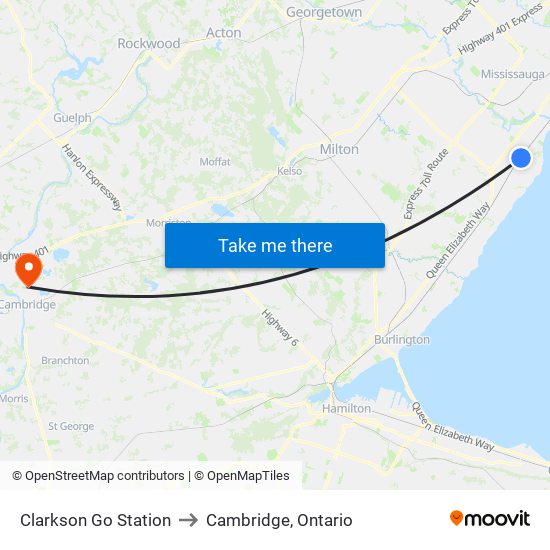 Clarkson Go Station to Cambridge, Ontario map