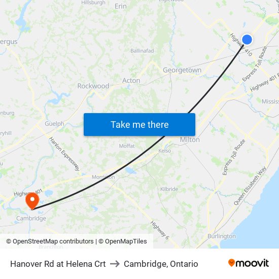 Hanover Rd at Helena Crt to Cambridge, Ontario map