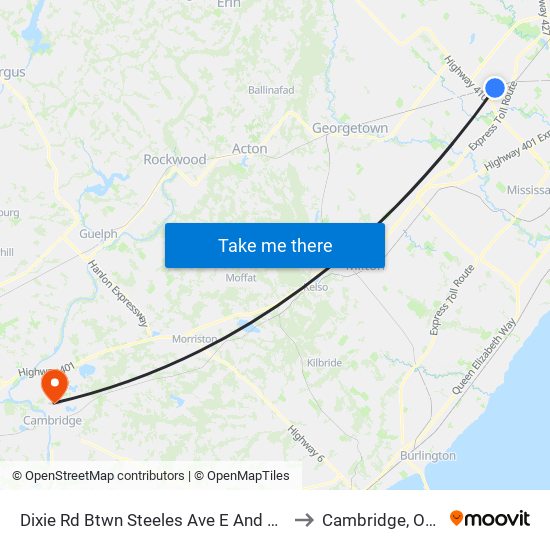 Dixie Rd Btwn Steeles Ave E And Orenda Rd to Cambridge, Ontario map