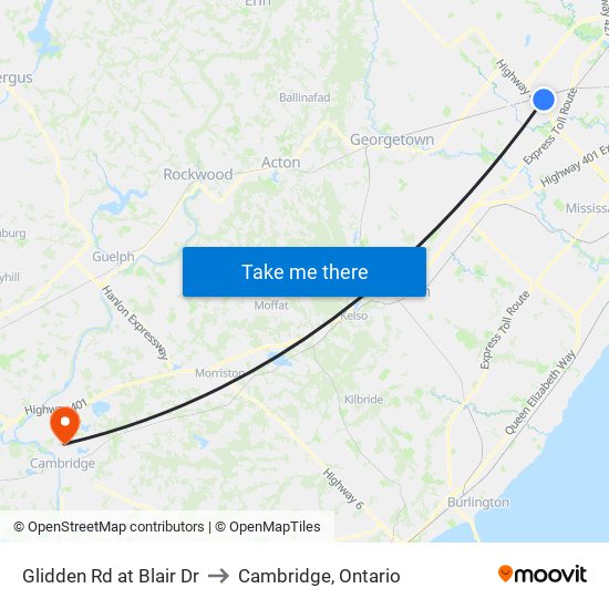 Glidden Rd at Blair Dr to Cambridge, Ontario map