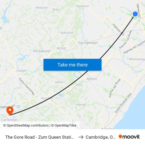 The Gore Road - Zum Queen Station Stop Wb to Cambridge, Ontario map