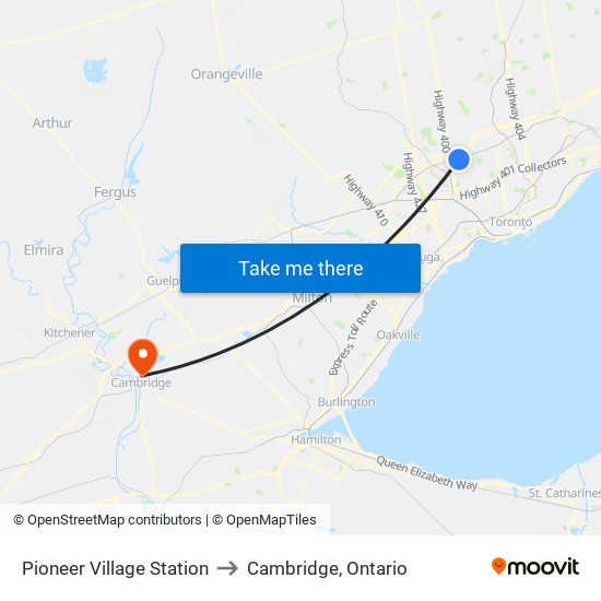 Pioneer Village Station to Cambridge, Ontario map