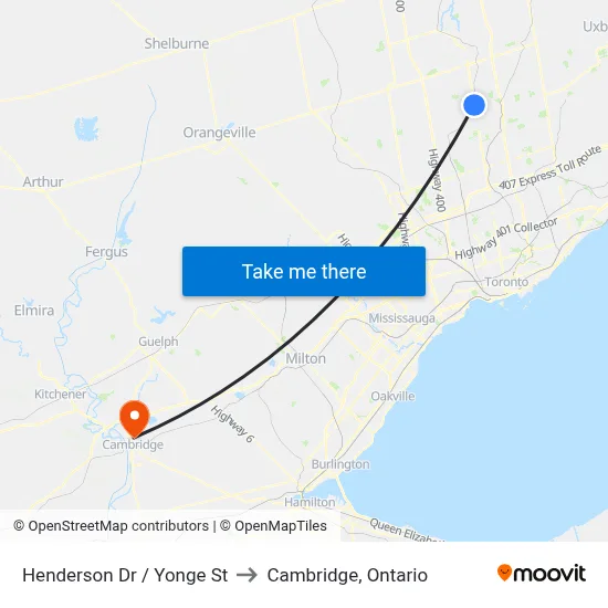 Henderson Dr / Yonge St to Cambridge, Ontario map