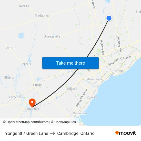 Yonge St / Green Lane to Cambridge, Ontario map