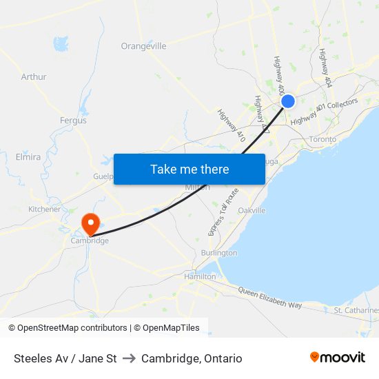 Steeles Av / Jane St to Cambridge, Ontario map