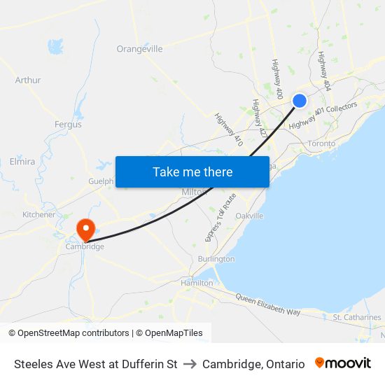 Steeles Ave West at Dufferin St to Cambridge, Ontario map