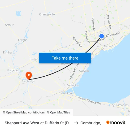 Sheppard Ave West at Dufferin St (Downsview Station) to Cambridge, Ontario map