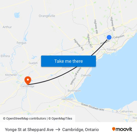 Yonge St at Sheppard Ave to Cambridge, Ontario map