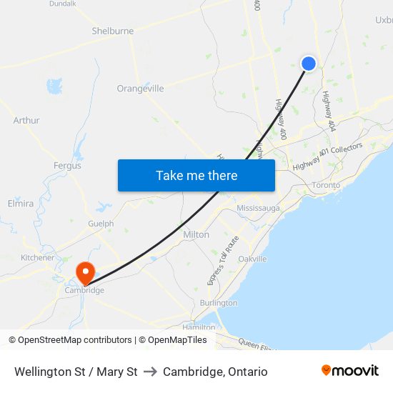 Wellington St / Mary St to Cambridge, Ontario map