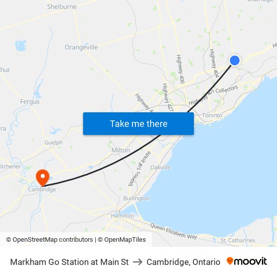 Markham Go Station at Main St to Cambridge, Ontario map