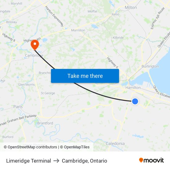 Limeridge Terminal to Cambridge, Ontario map