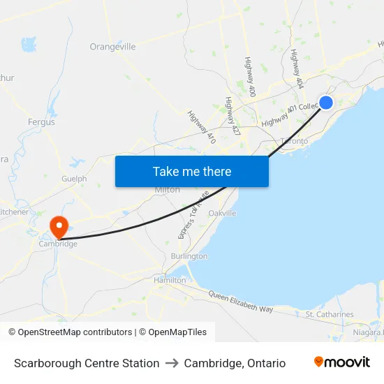 Scarborough Centre Station to Cambridge, Ontario map