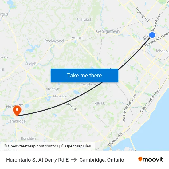 Hurontario St At Derry Rd E to Cambridge, Ontario map