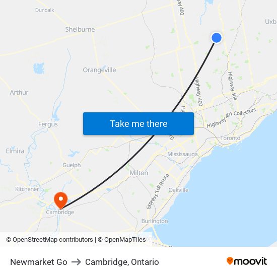 Newmarket Go to Cambridge, Ontario map