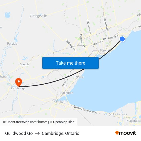 Guildwood Go to Cambridge, Ontario map