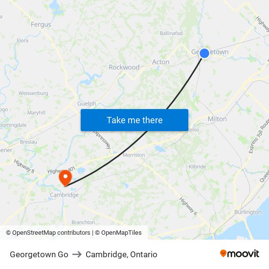 Georgetown Go to Cambridge, Ontario map