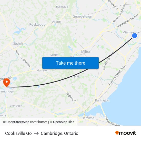 Cooksville Go to Cambridge, Ontario map