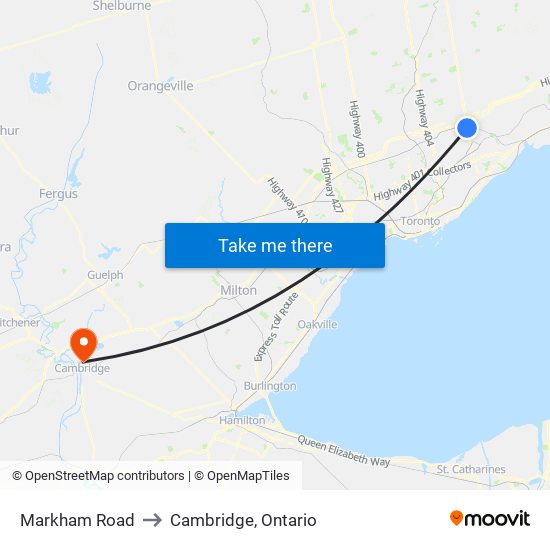 Markham Road to Cambridge, Ontario map
