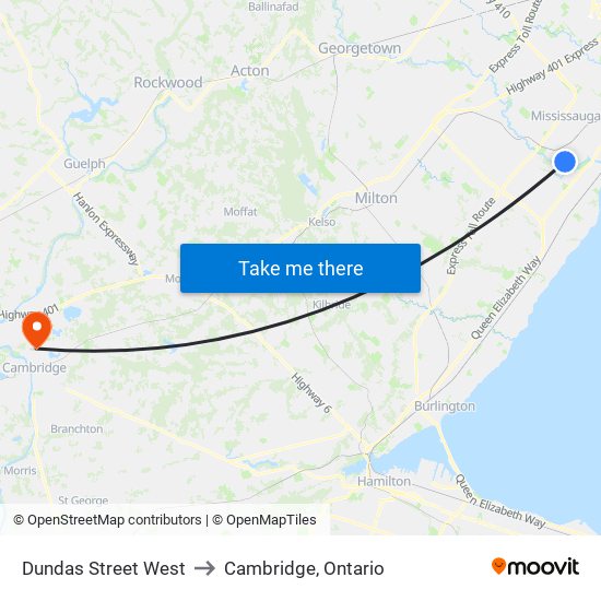 Dundas Street West to Cambridge, Ontario map