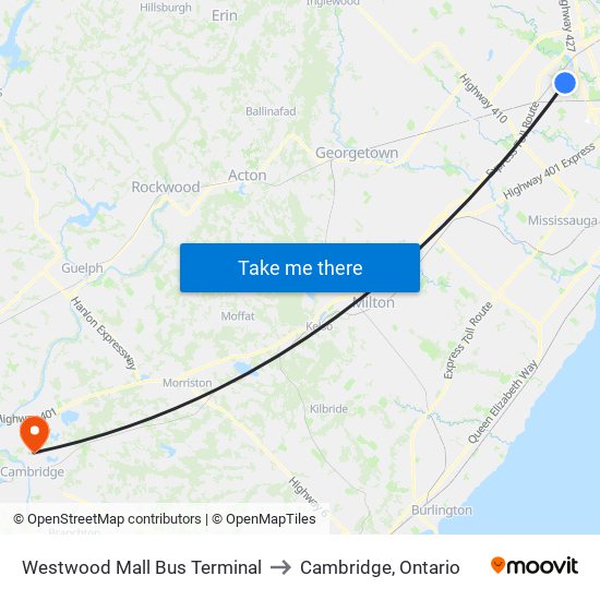 Westwood Mall Bus Terminal to Cambridge, Ontario map