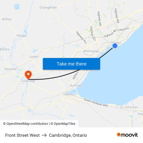 Front Street West to Cambridge, Ontario map