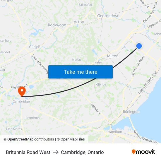 Britannia Road West to Cambridge, Ontario map