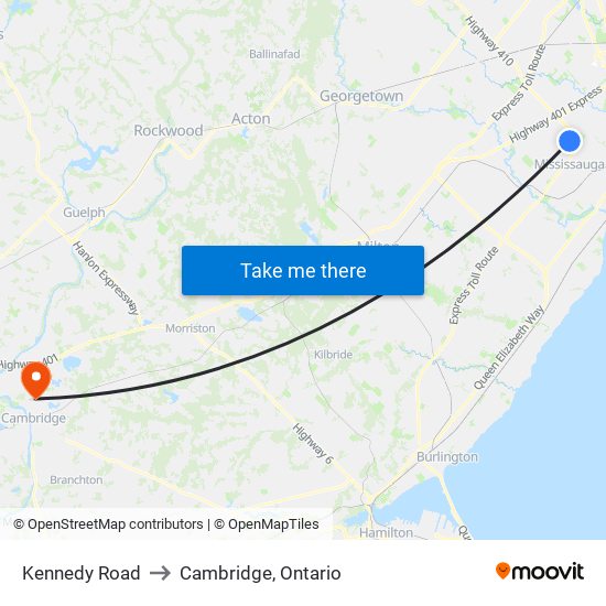 Kennedy Road to Cambridge, Ontario map