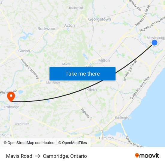 Mavis Road to Cambridge, Ontario map