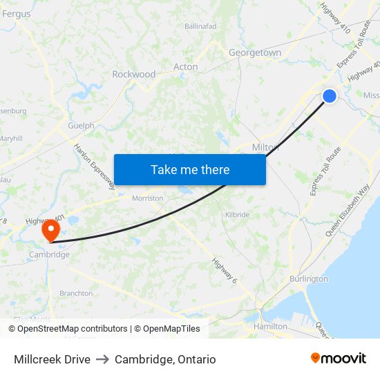 Millcreek Drive to Cambridge, Ontario map