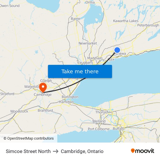 Simcoe Street North to Cambridge, Ontario map