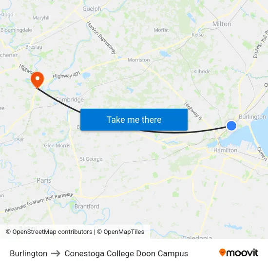 Burlington to Conestoga College Doon Campus map