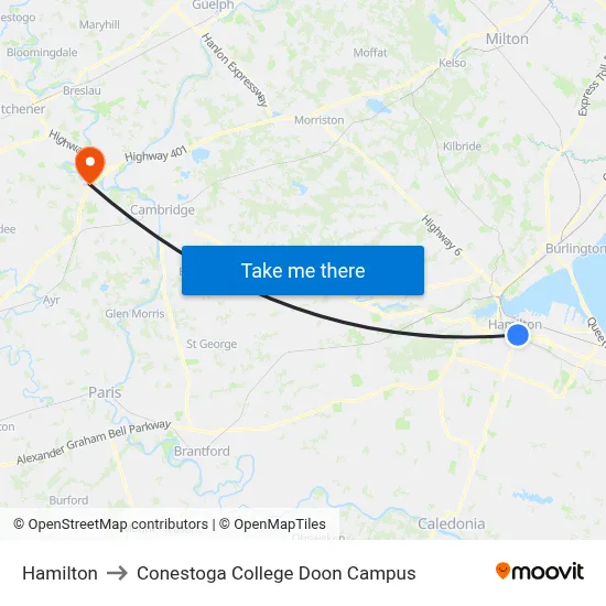 Hamilton to Conestoga College Doon Campus map