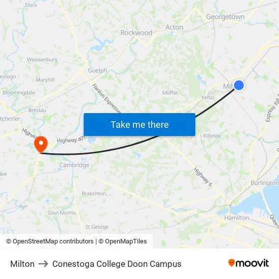 Milton to Conestoga College Doon Campus map