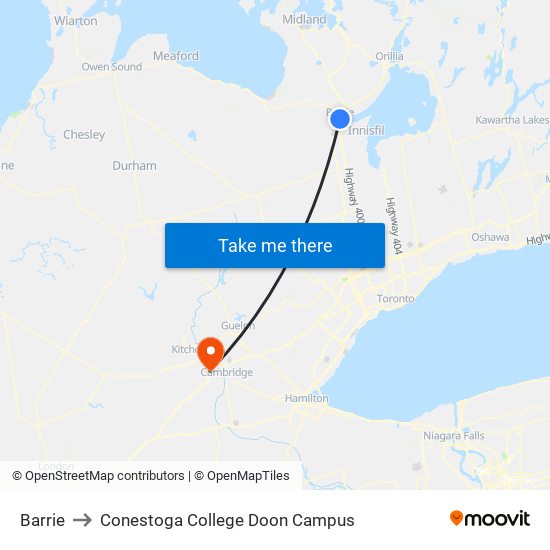 Barrie to Conestoga College Doon Campus map