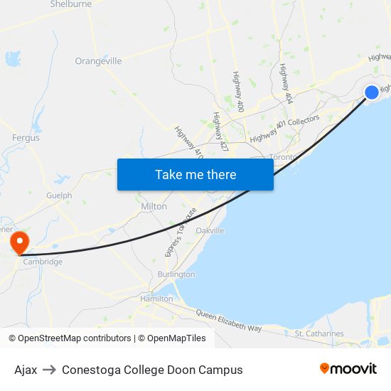 Ajax to Conestoga College Doon Campus map