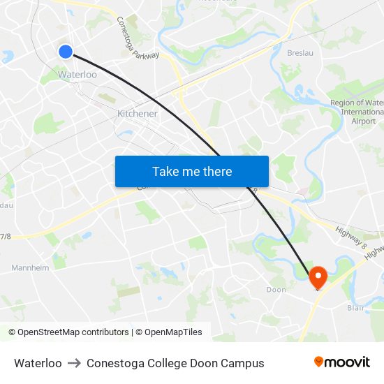 Waterloo to Conestoga College Doon Campus map